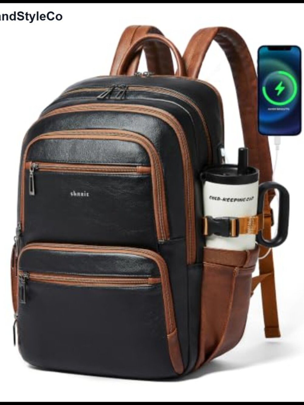 Shrrie 17 Inch Faux Leather Laptop Backpack with USB Charger